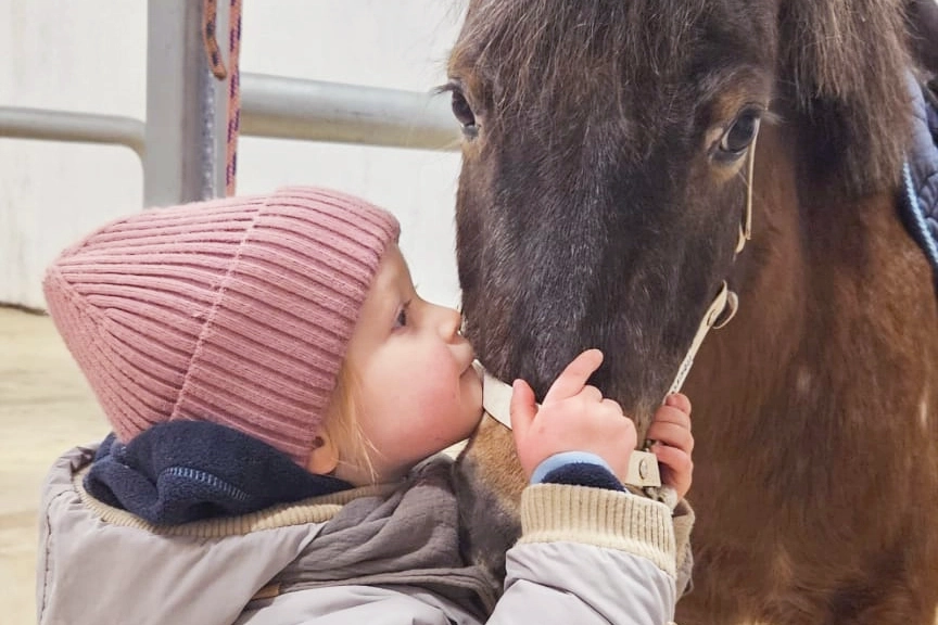 Kleinkind kuschelt mit einem Ponny